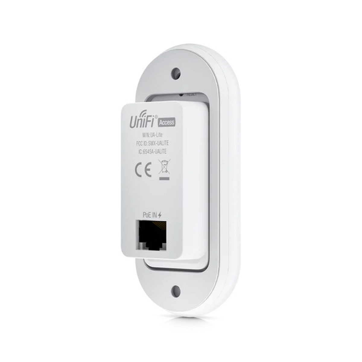 Un dispositivo UniFi Access bianco con porta PoE IN e marchio CE.
