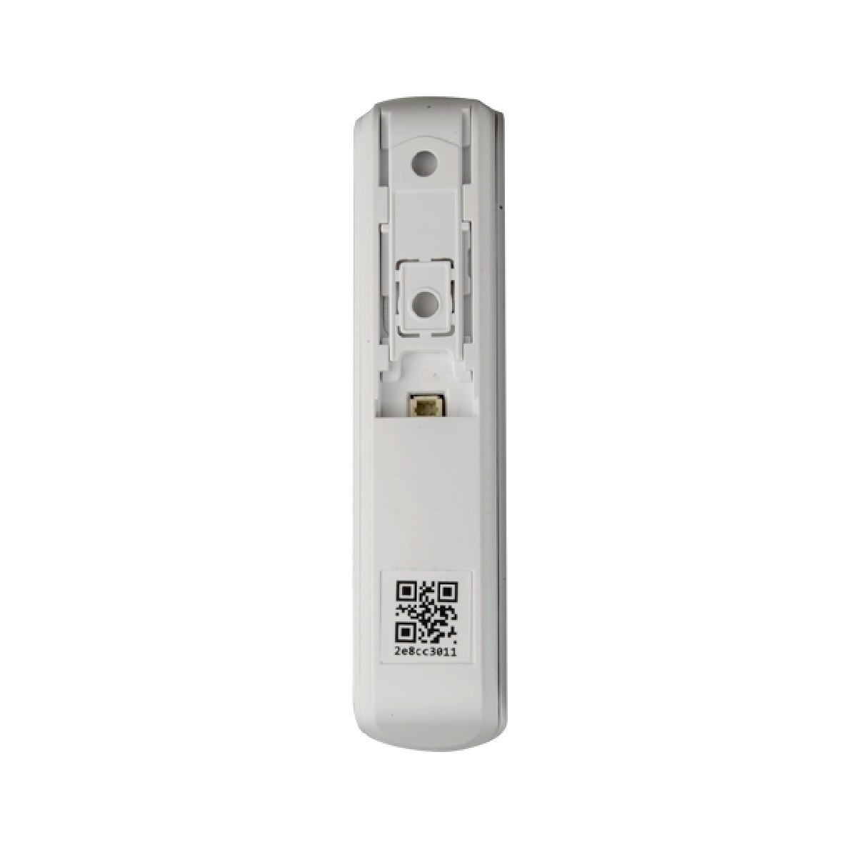 Scocca bianca con codice QR e punto di connessione. Sfondo bianco.