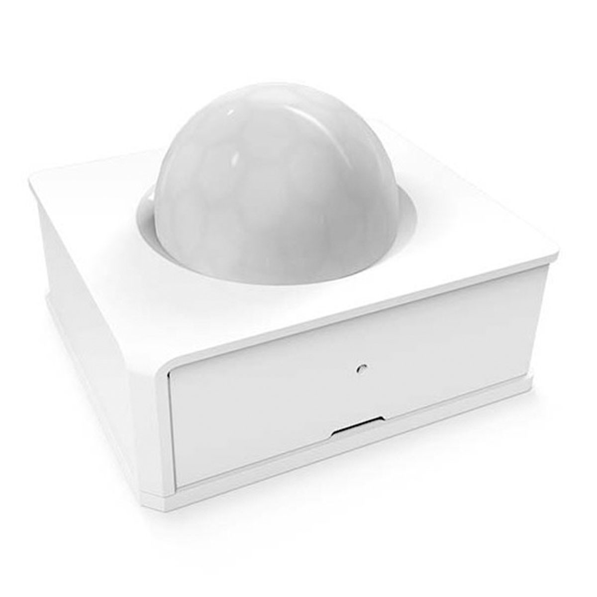 Un sensore di movimento bianco con una cupola su una base rettangolare.