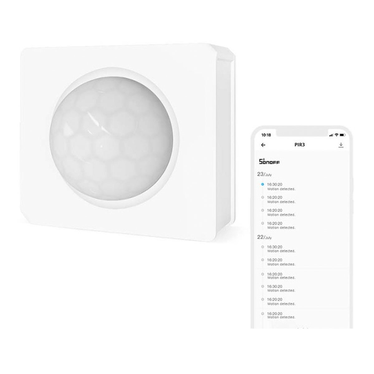 Sensore di movimento bianco accanto a uno smartphone che mostra eventi di movimento.