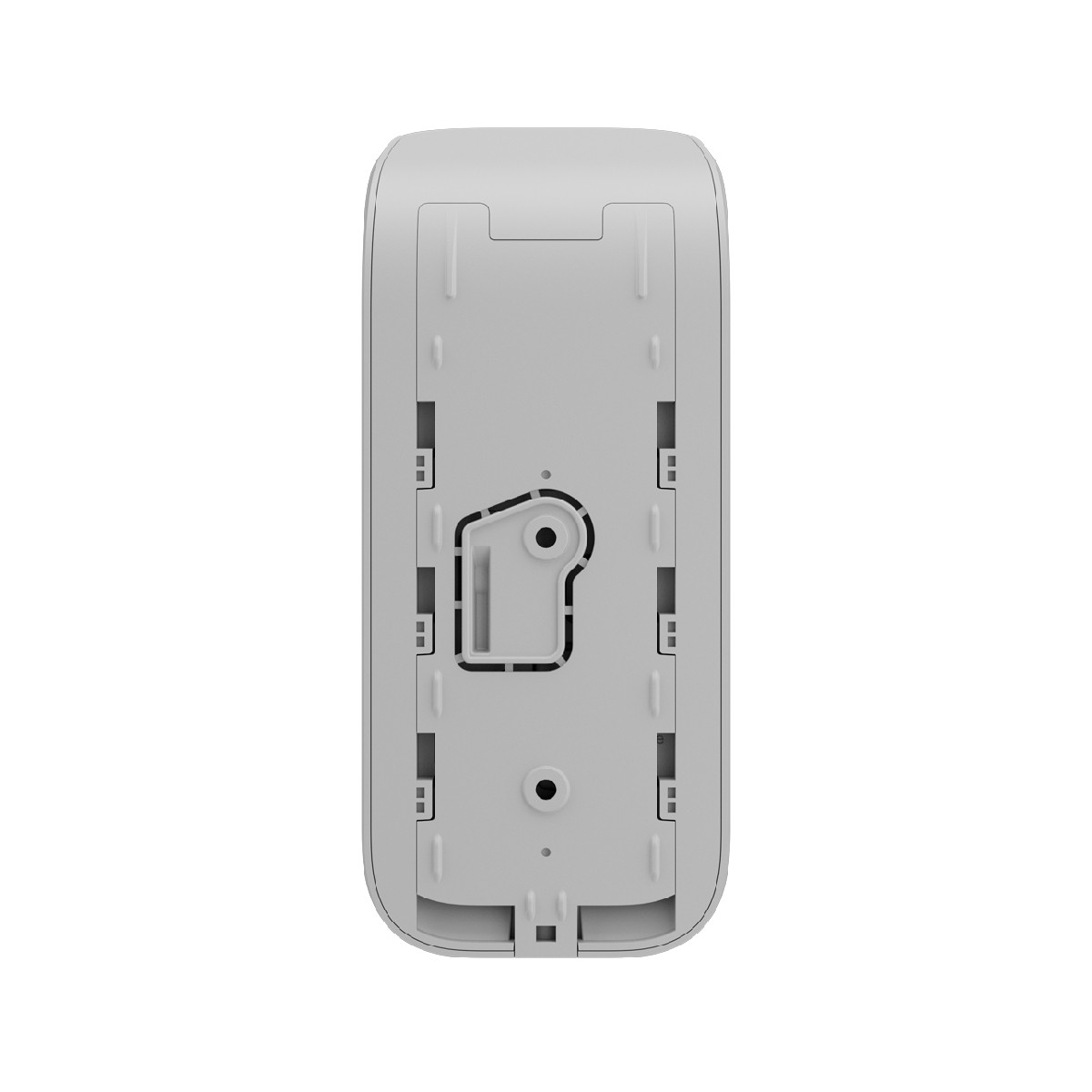 Retro di un dispositivo bianco con fessure di montaggio e staffa.