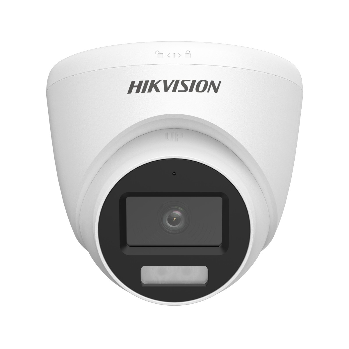Telecamera di sicurezza Hikvision bianca con obiettivo visibile e illuminatore IR.