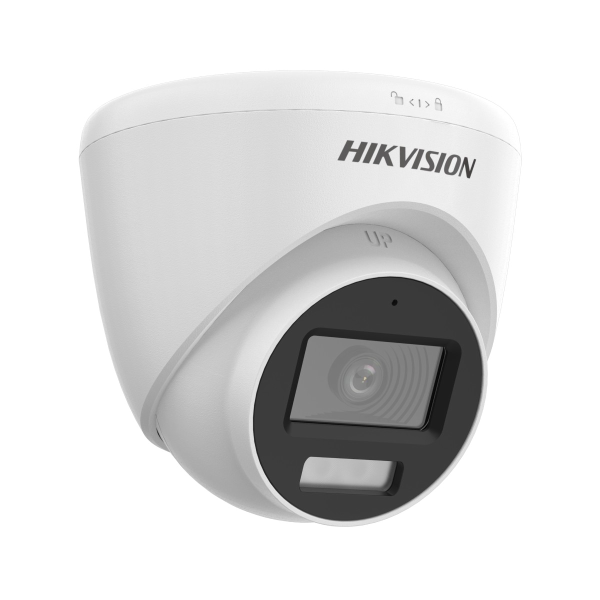 Telecamera dome Hikvision bianca con area lente nera e indicatore "UP".