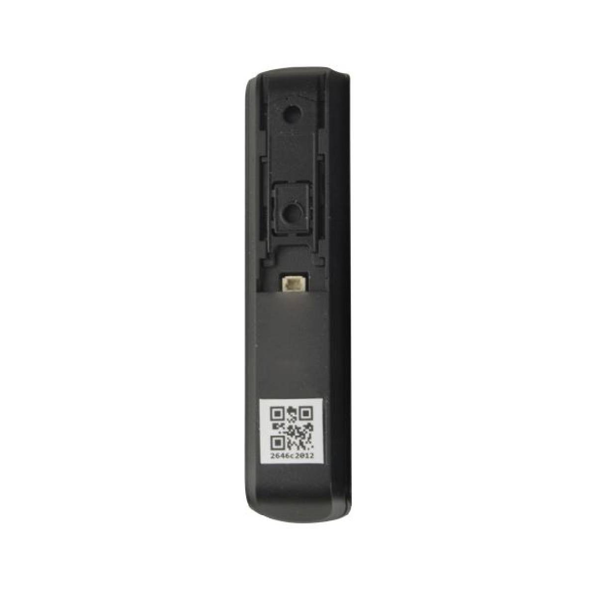 Un dispositivo nero con codice QR e numero di serie su sfondo bianco.