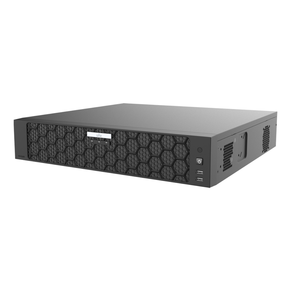 Registratore di rete nero con pannello frontale a nido d'ape, prese d'aria e porte USB.
