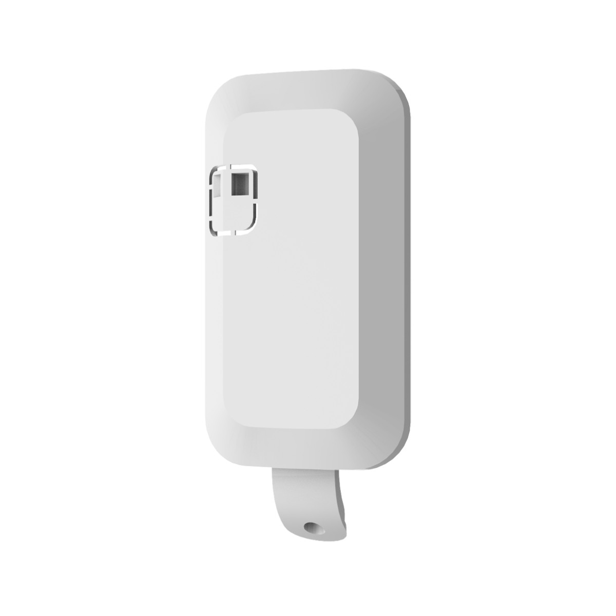 Un dispositivo rettangolare bianco con angoli arrotondati e un anello.