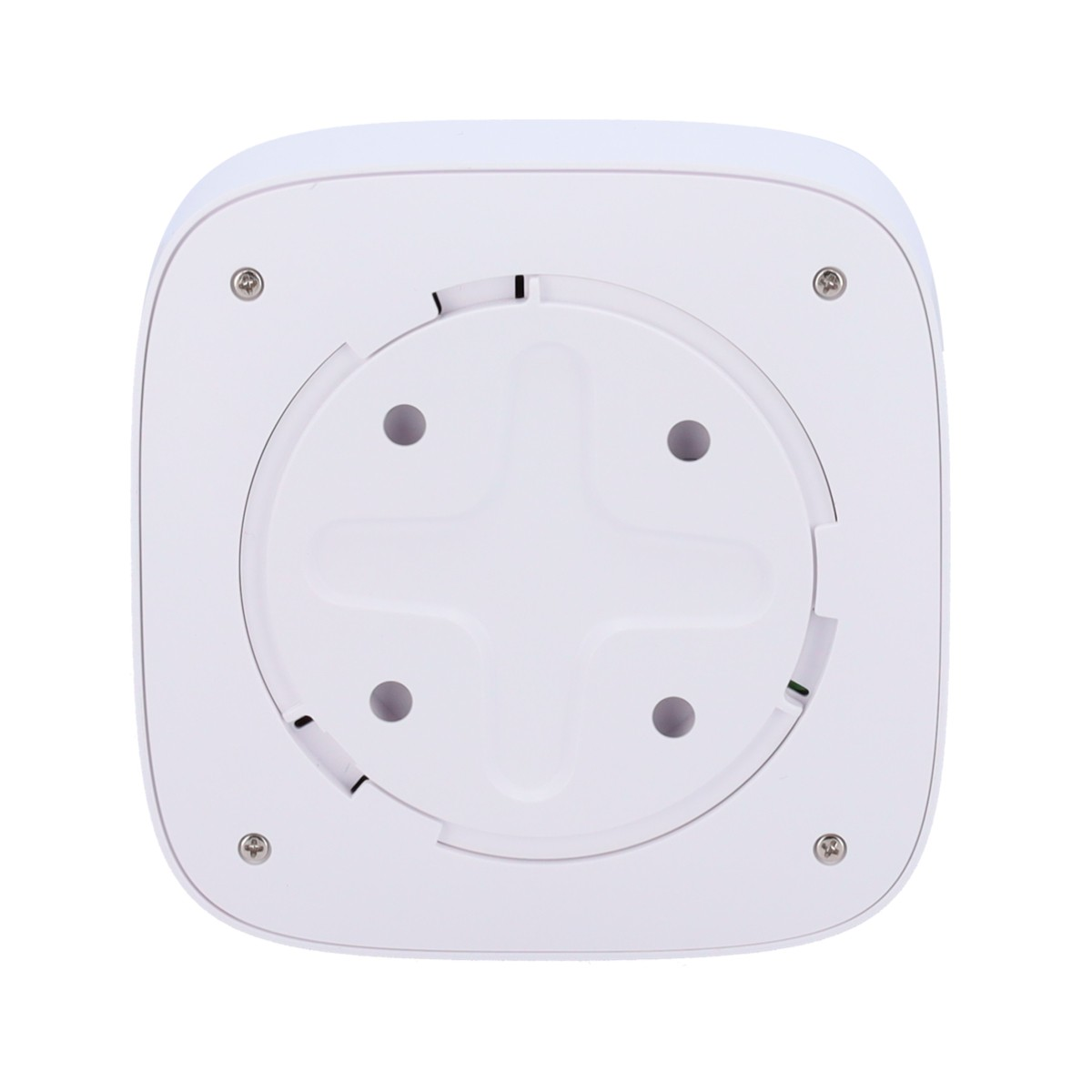 Parte inferiore di un dispositivo quadrato bianco con quattro viti e un incavo circolare.