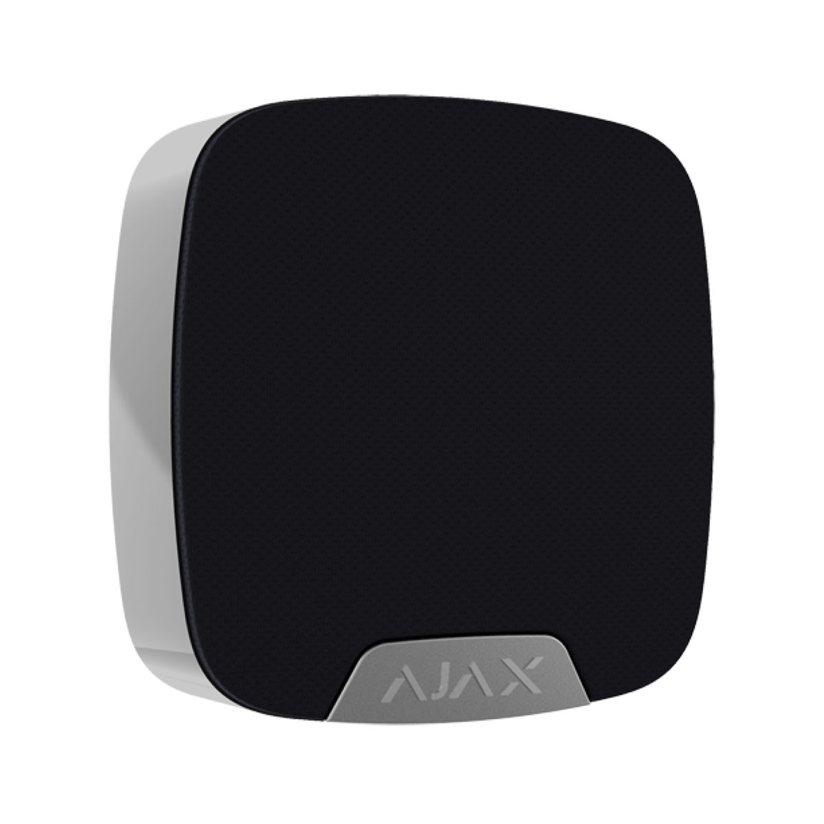 Un cubo nero con bordo argentato e logo AJAX, su sfondo bianco.