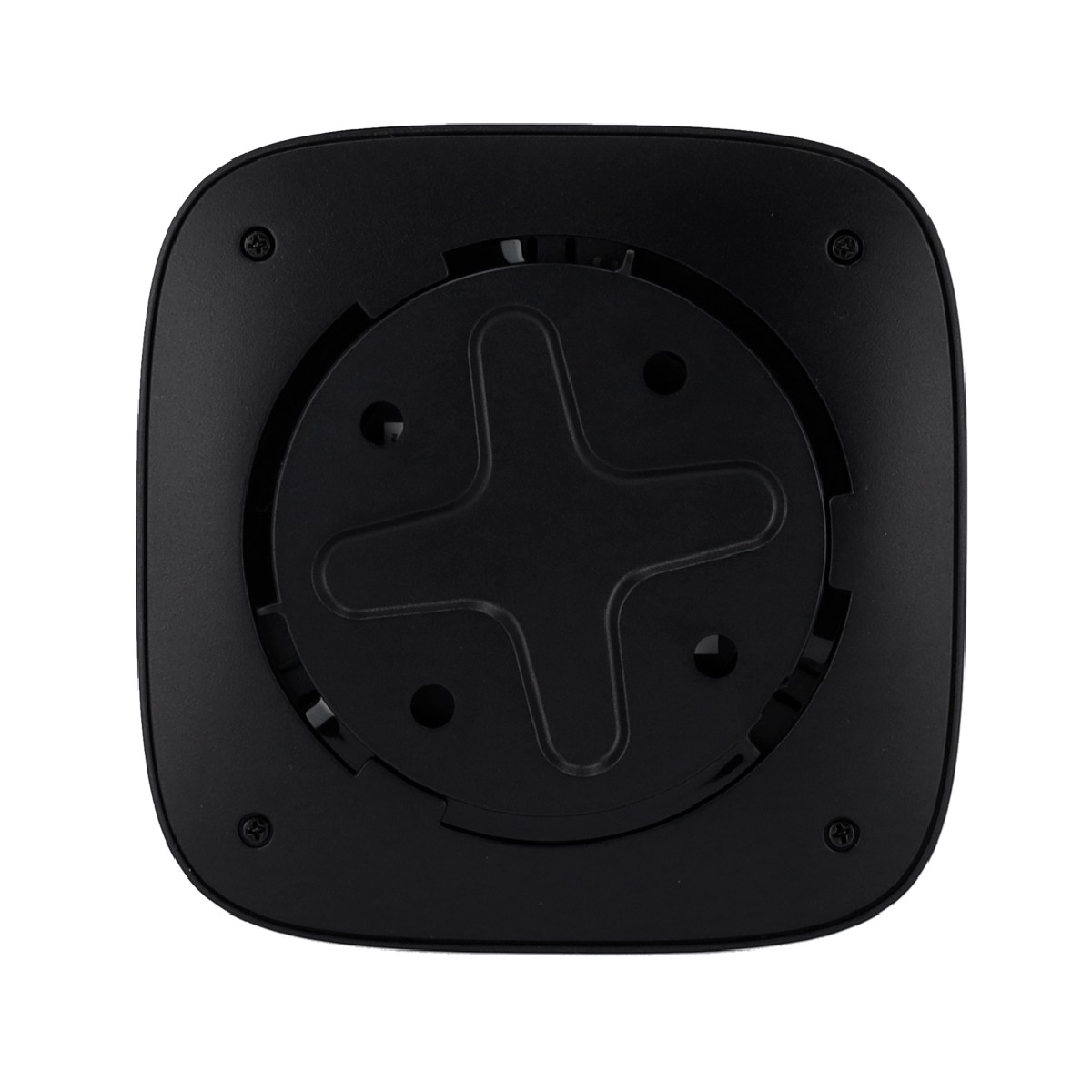 Parte inferiore di un dispositivo quadrato nero con un supporto circolare centrale.