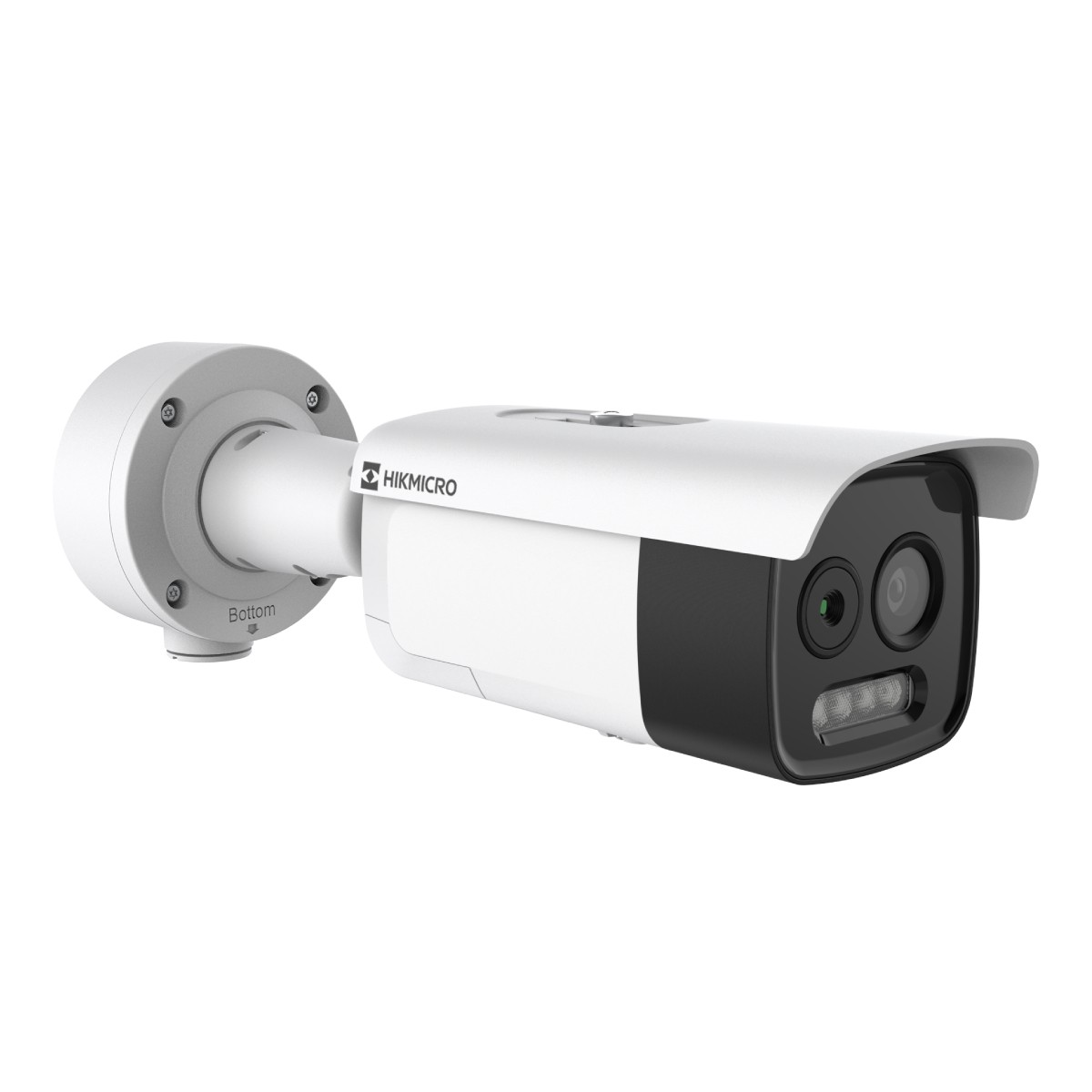 Una telecamera di sorveglianza HIKMICRO bianca con parte anteriore nera, su sfondo bianco.