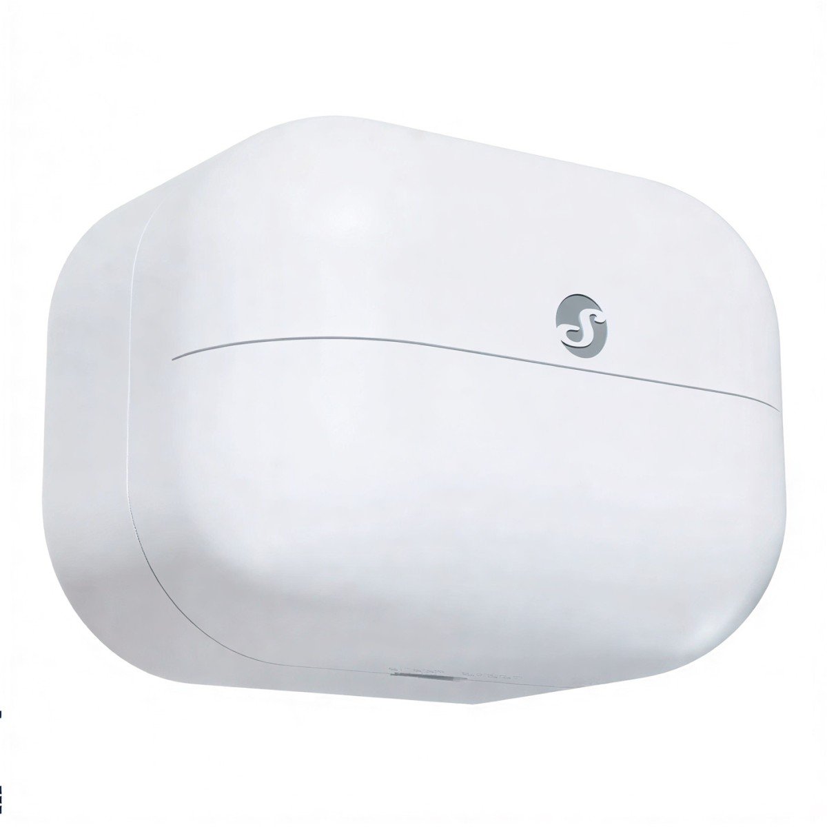 Un dispenser bianco e arrotondato con logo grigio a forma di cigno e linea curva.