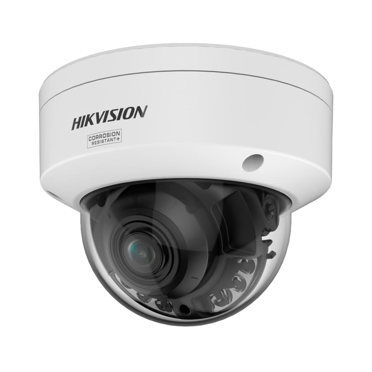 Una telecamera dome Hikvision bianca con cupola trasparente e LED IR visibili.