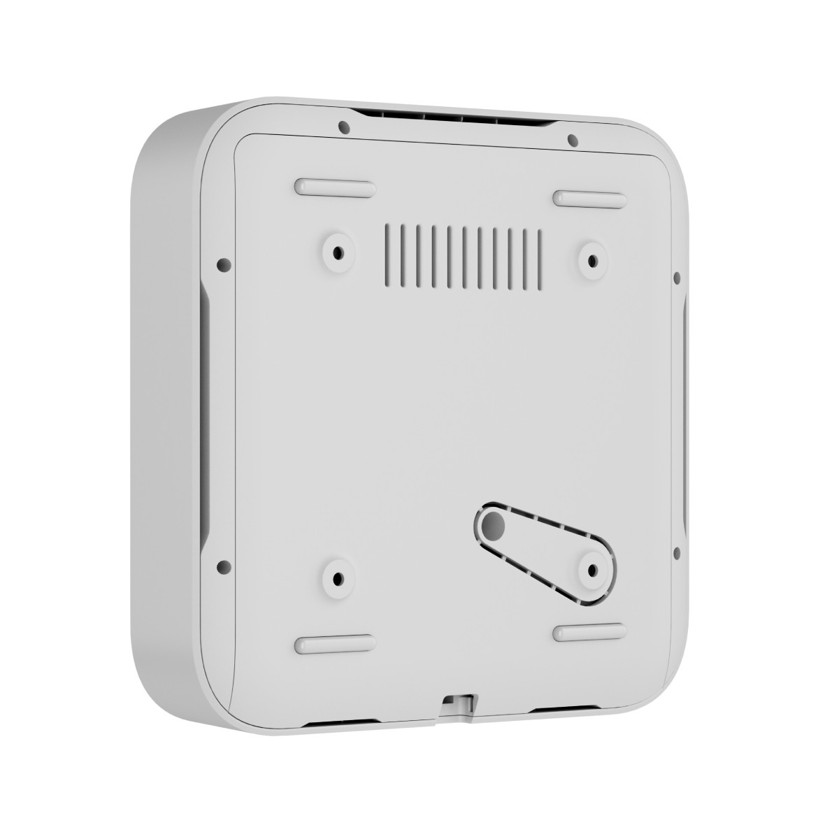 Il retro di un dispositivo bianco con prese d'aria e fori di montaggio.