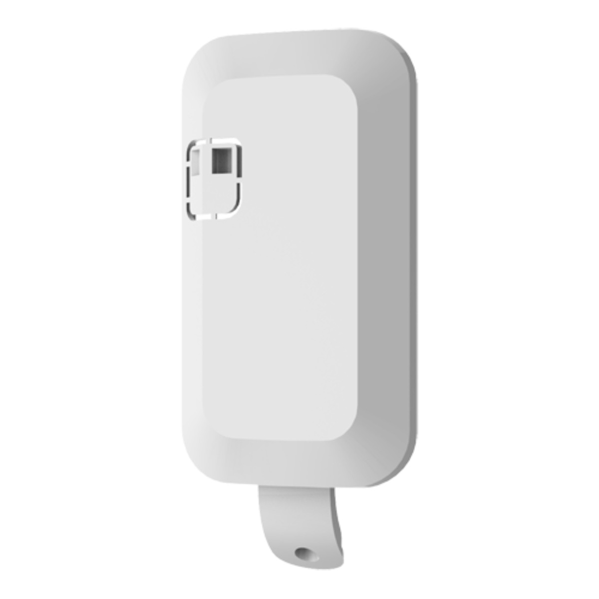 Un dispositivo rettangolare bianco con angoli arrotondati e un anello.
