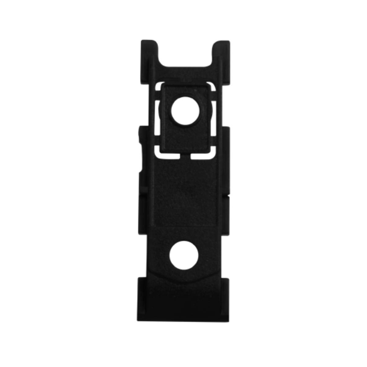 Una clip in plastica nera e verticale con fessure e due aperture circolari.