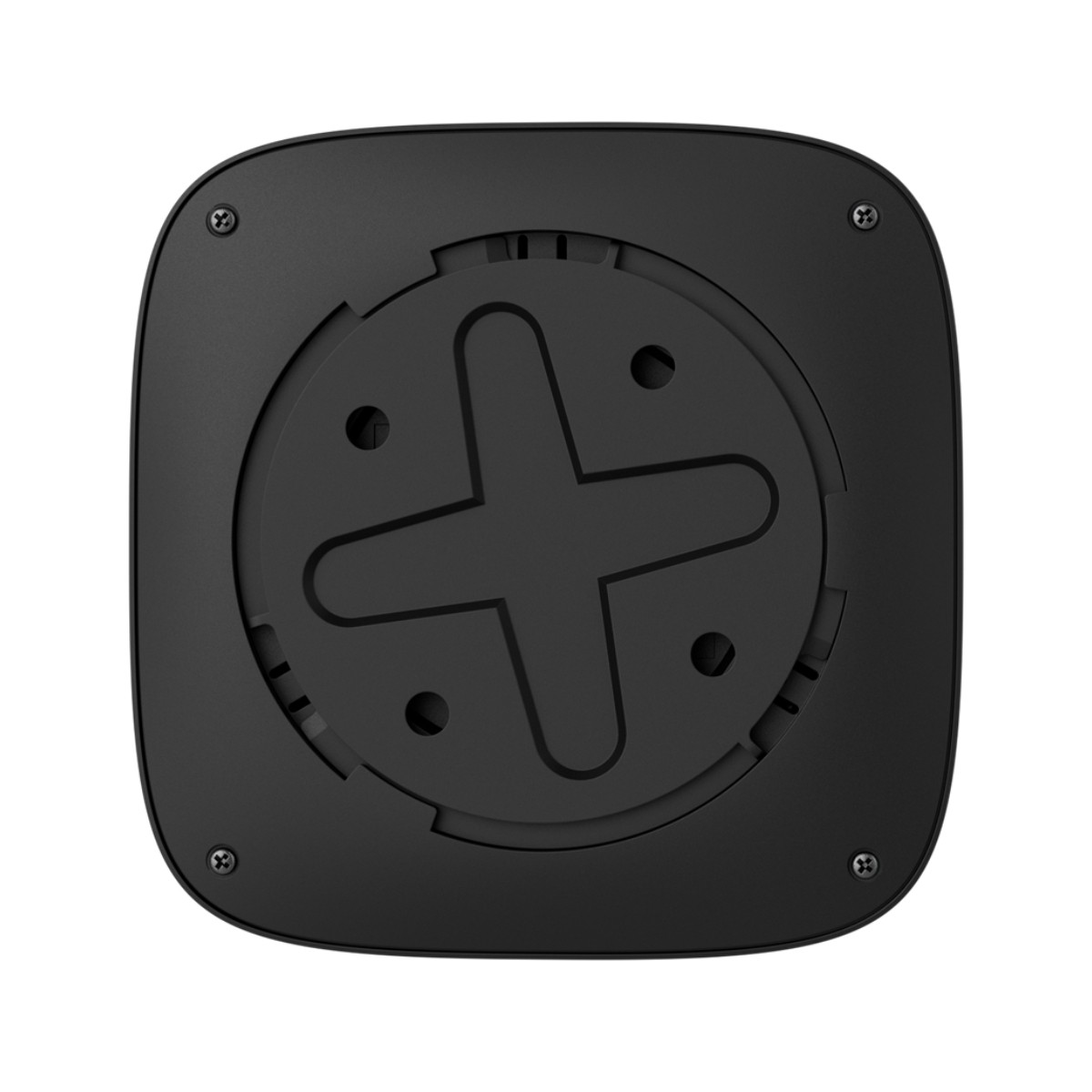 La parte inferior de un dispositivo negro con forma de cruz y cuatro tornillos.