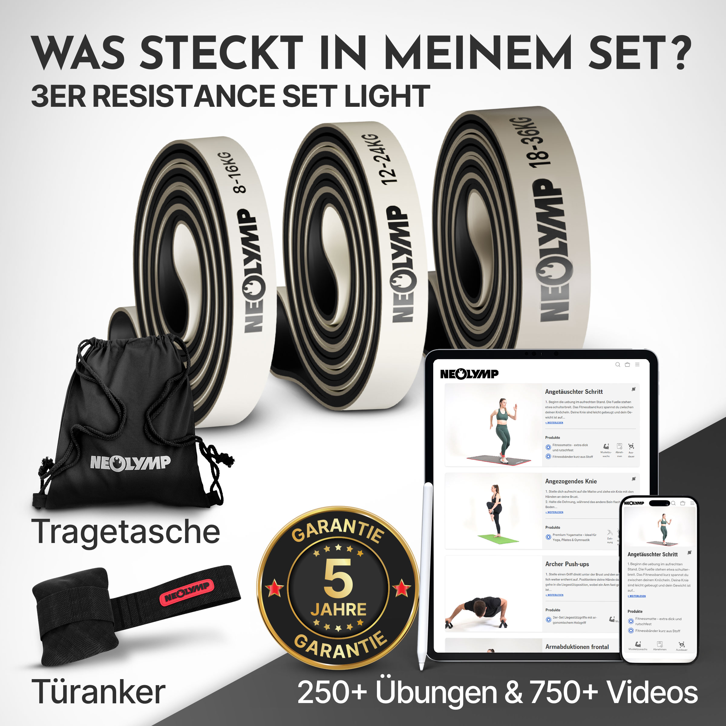 Ein Set aus drei Neolymp-Widerstandsbändern, einer Tragetasche, einem Türanker und Trainingsanleitungen auf einem Tablet.