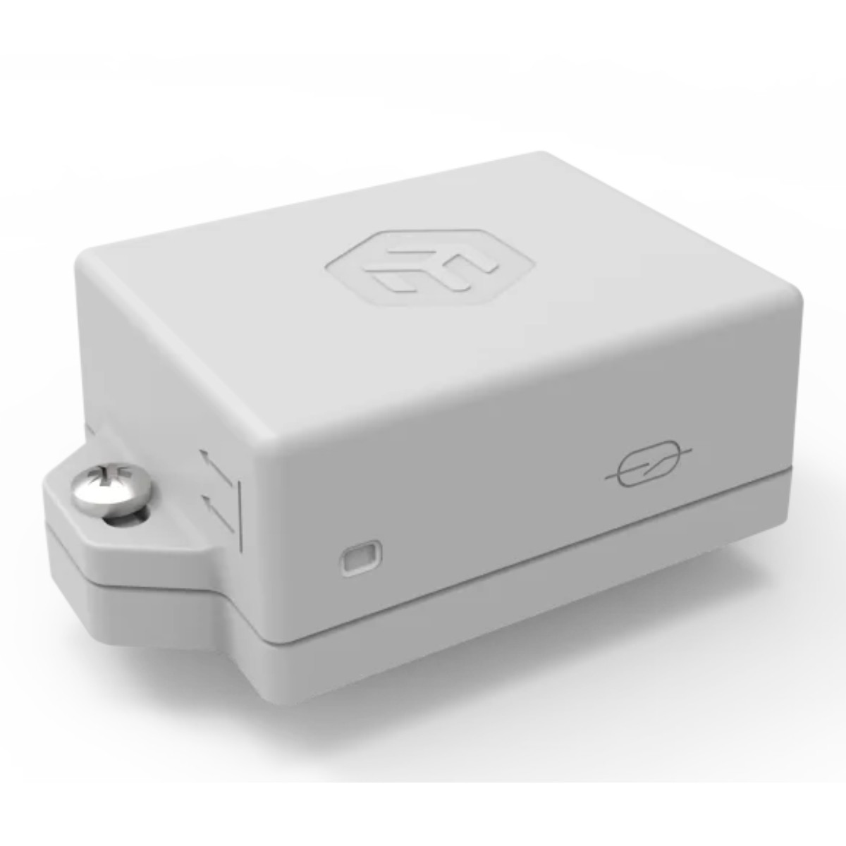 Un piccolo dispositivo elettronico bianco con una vite e due frecce che indicano la direzione.