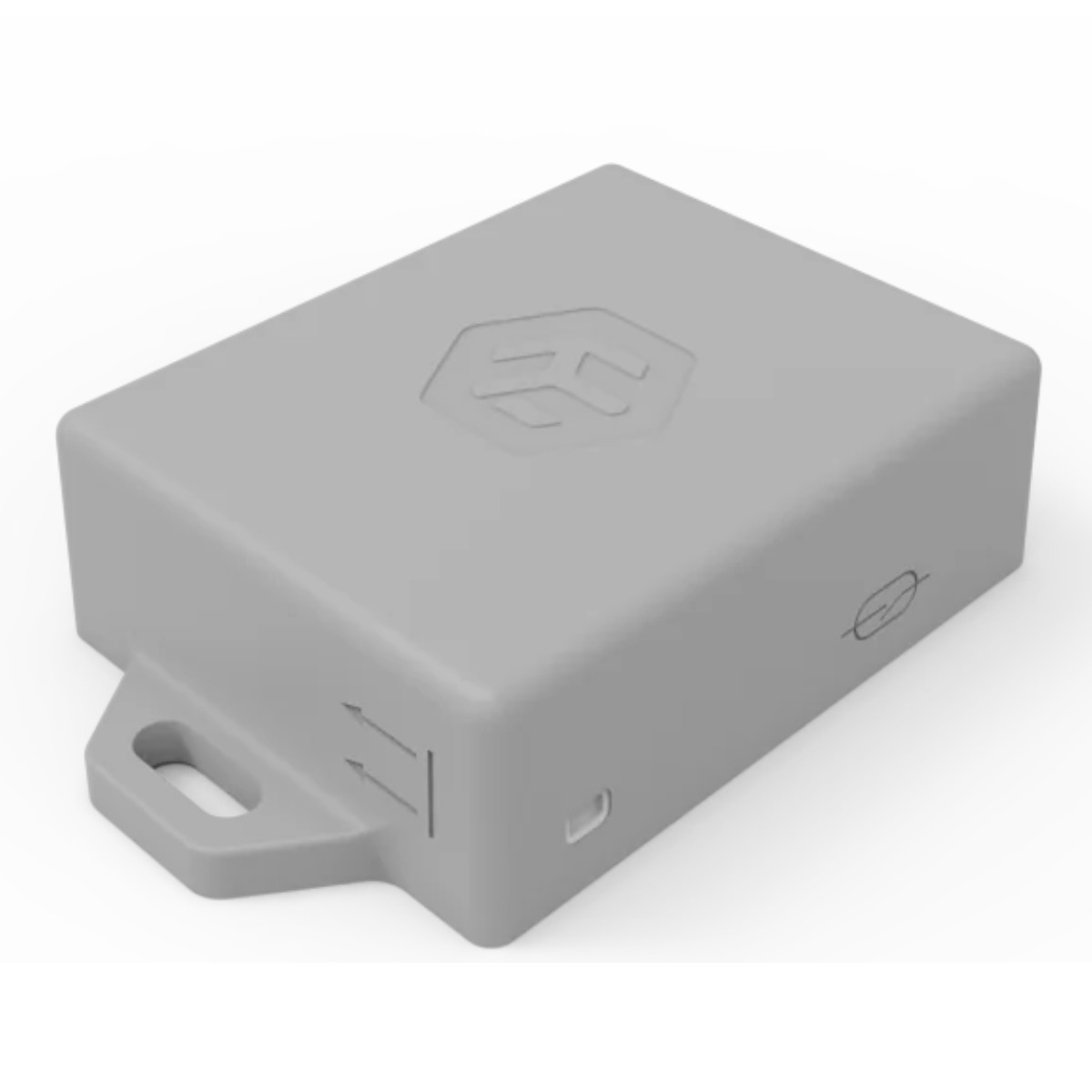 Dispositivo rettangolare grigio con logo e porte.