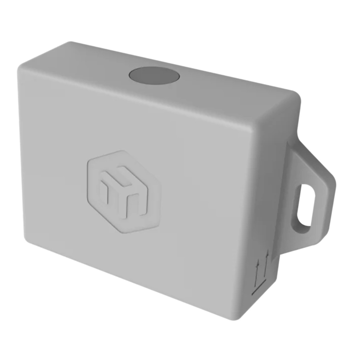 Un oggetto rettangolare grigio con logo a H e pulsante rotondo.