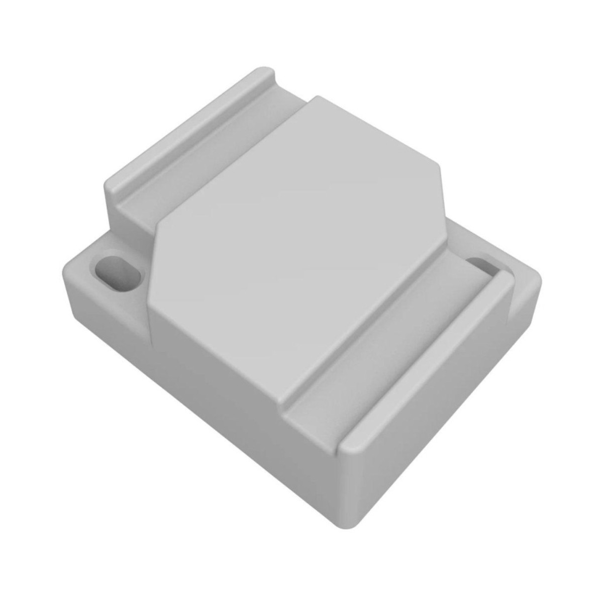 Un componente in plastica grigio chiaro angolato con due fessure in cima.