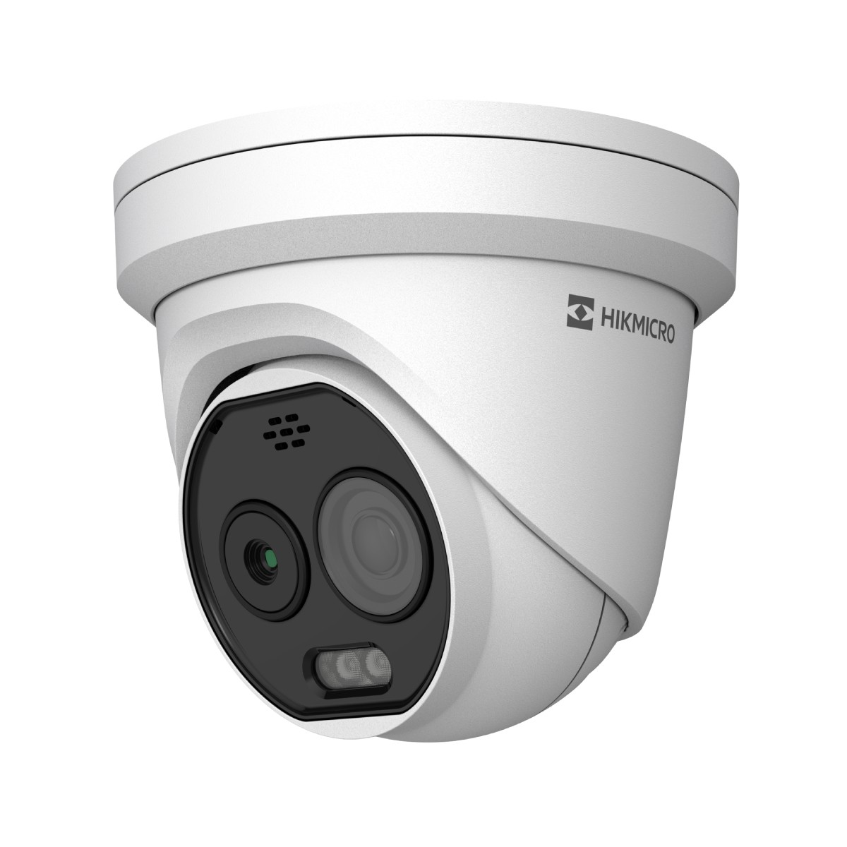 Telecamera di sicurezza dome Hikvision bianca con frontale nero e due lenti.