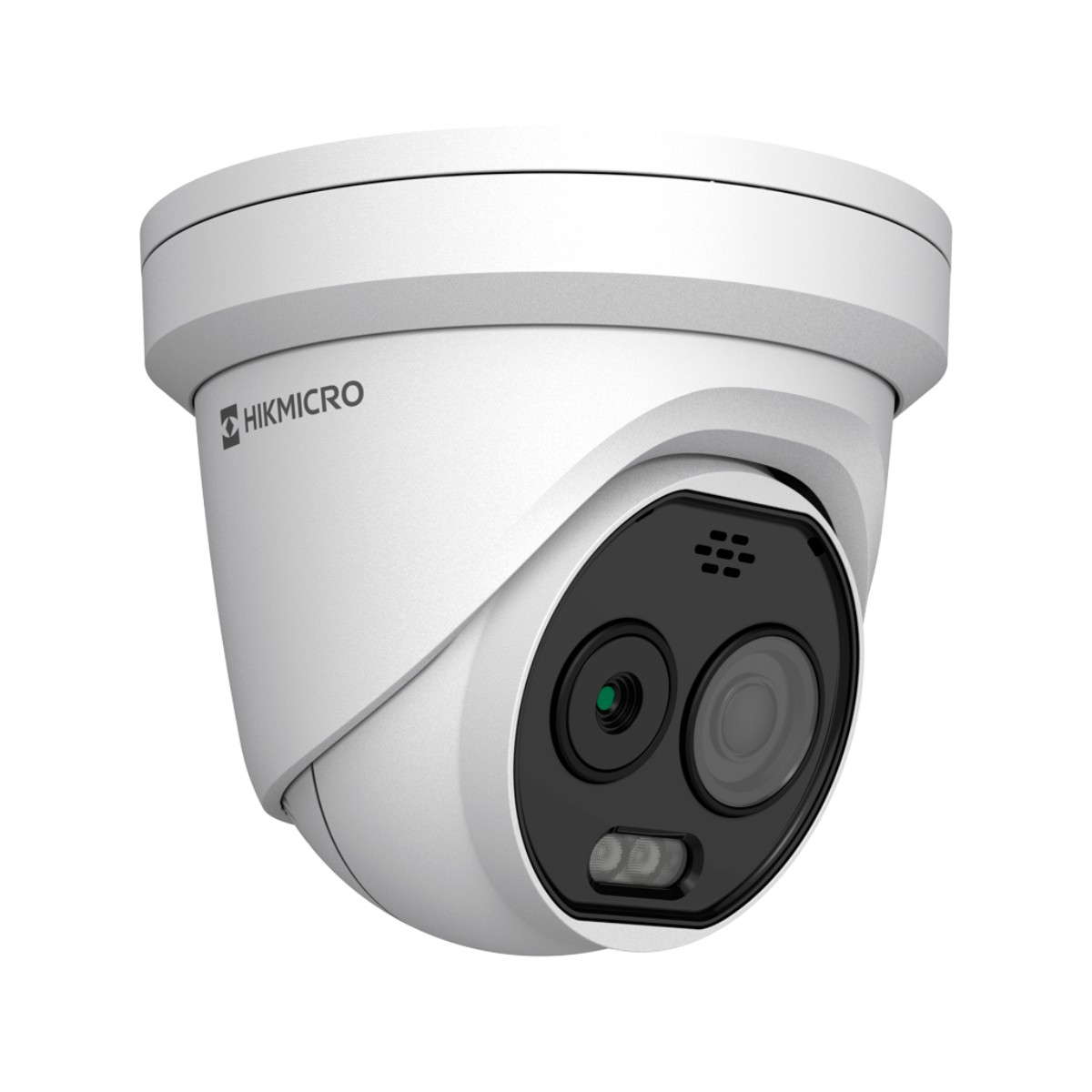 Telecamera di sicurezza HIKMICRO bianca con due lenti e LED a infrarossi.