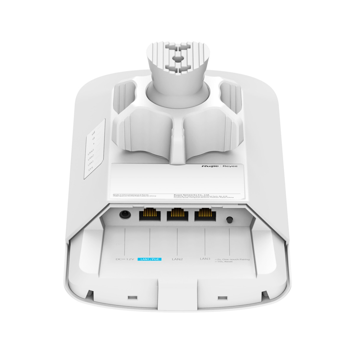 Un punto di accesso di rete Ruijie bianco con porte Ethernet e staffa di montaggio.
