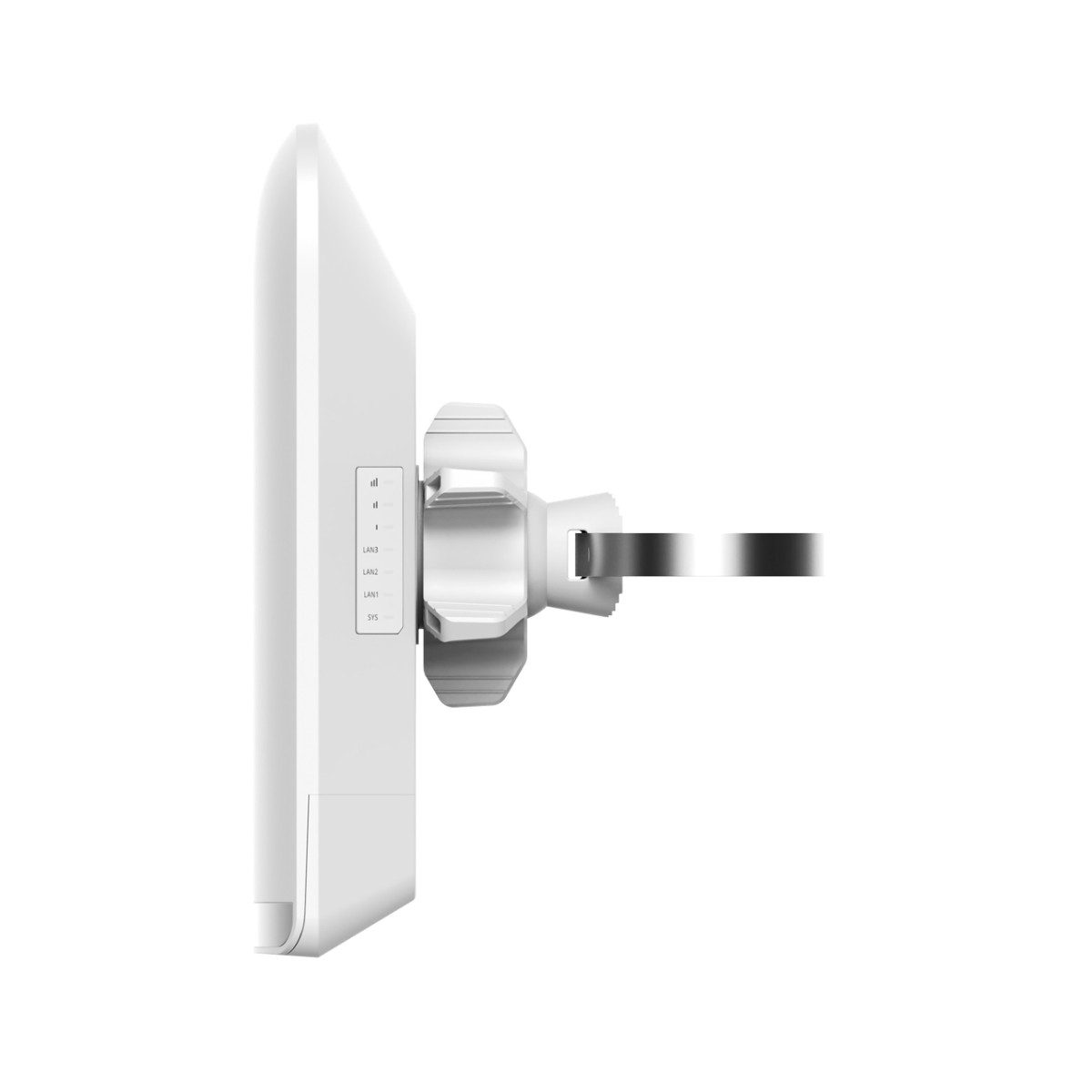 Dispositivo wireless bianco con staffa di montaggio e LED di stato.