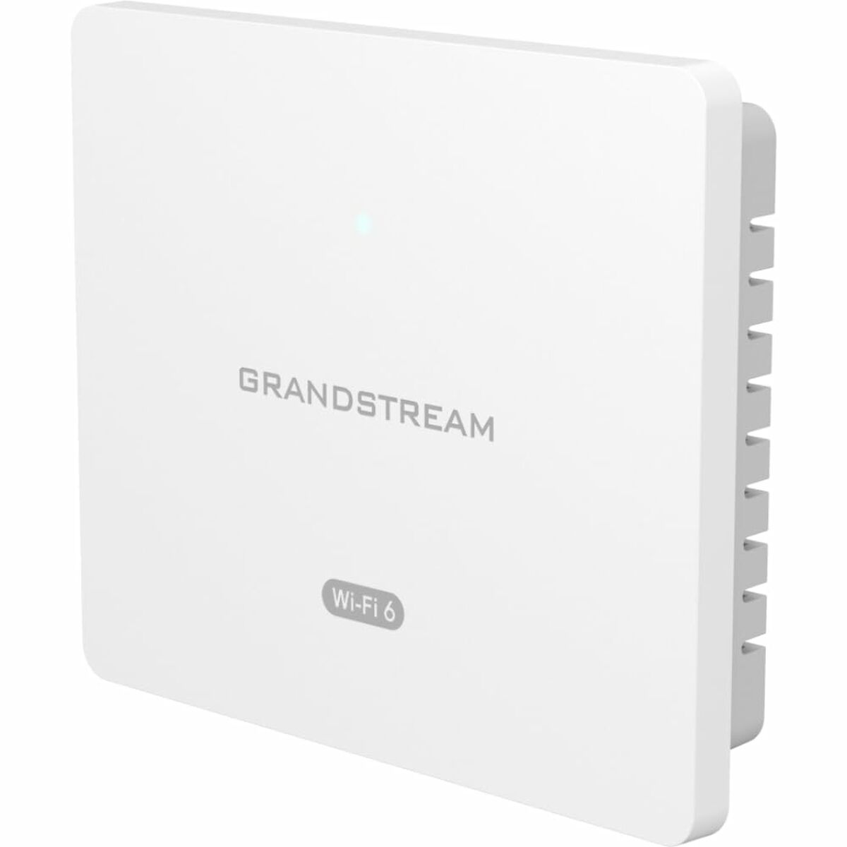 Un dispositivo Grandstream Wi-Fi 6 bianco con una sottile luce indicatrice verde, visto da una prospettiva angolata.