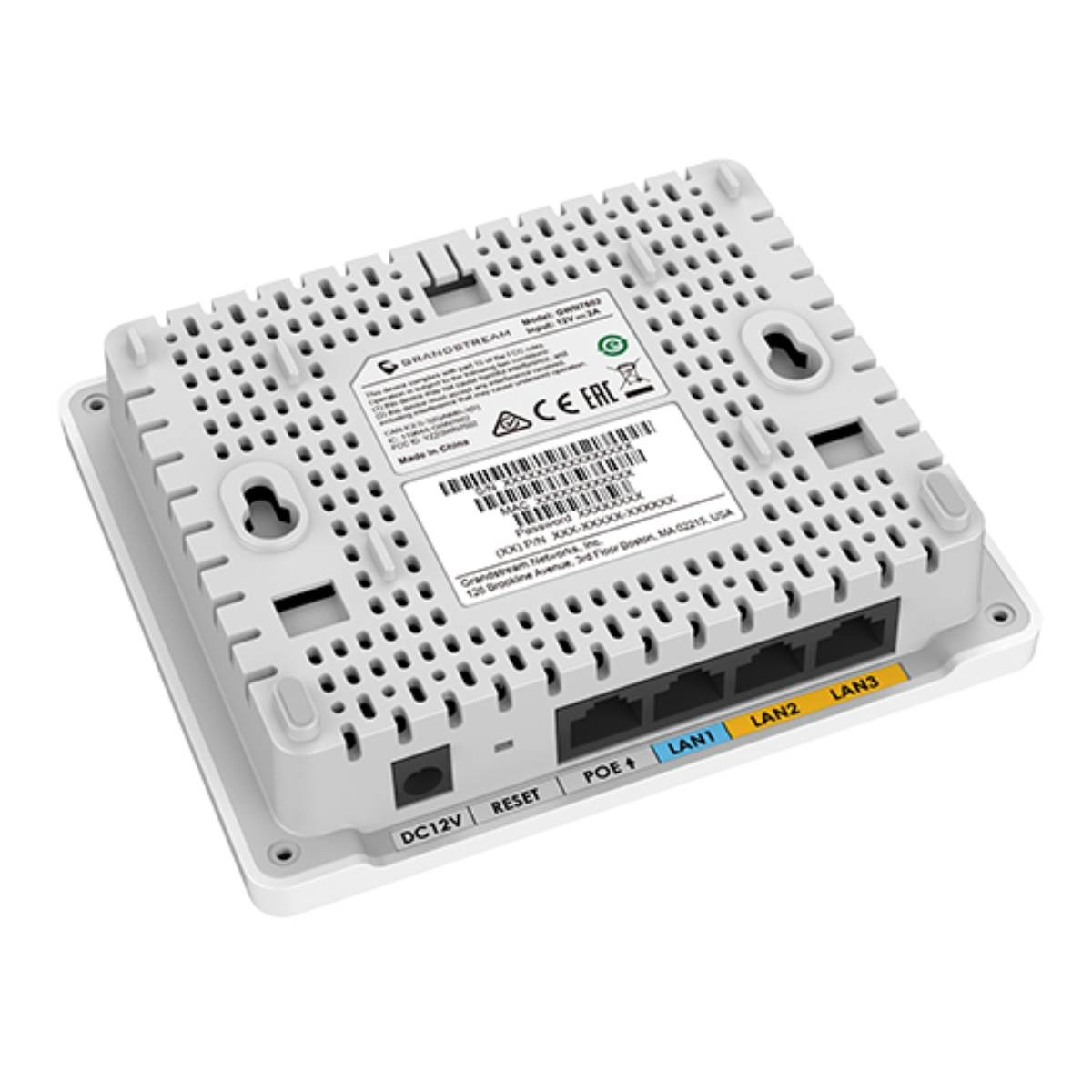 Retro di un router Grandstream bianco con porte LAN, Reset e DC12V.
