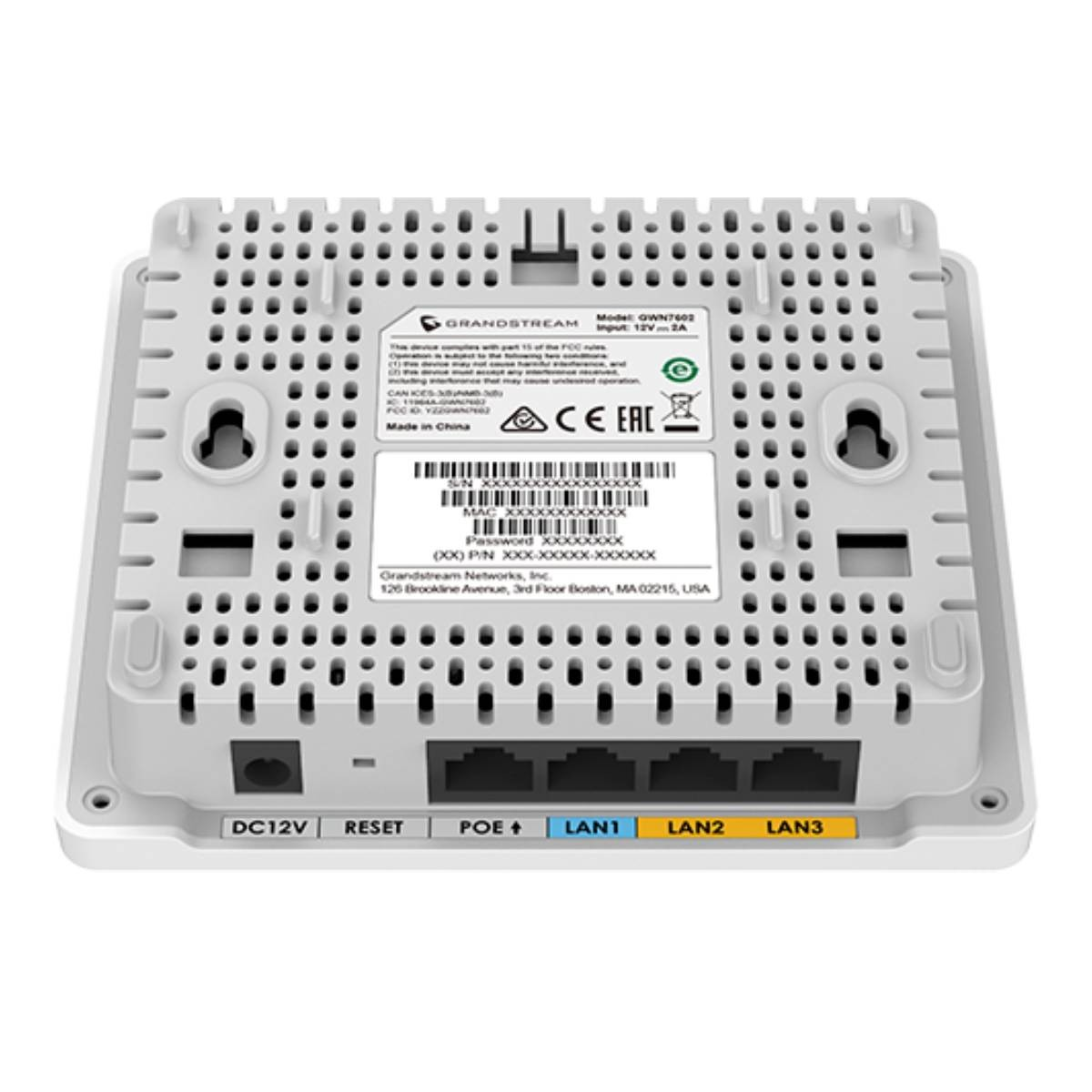 Retro di un router Grandstream bianco con porte: DC12V, Reset, POE+, LAN1, LAN2, LAN3.