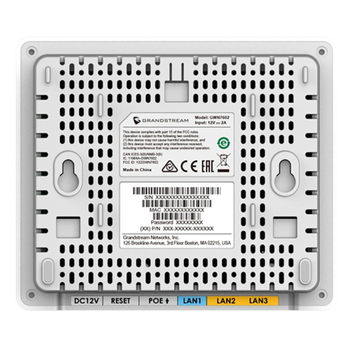 Retro di un access point Wi-Fi Grandstream GWN7602 bianco con porte.
