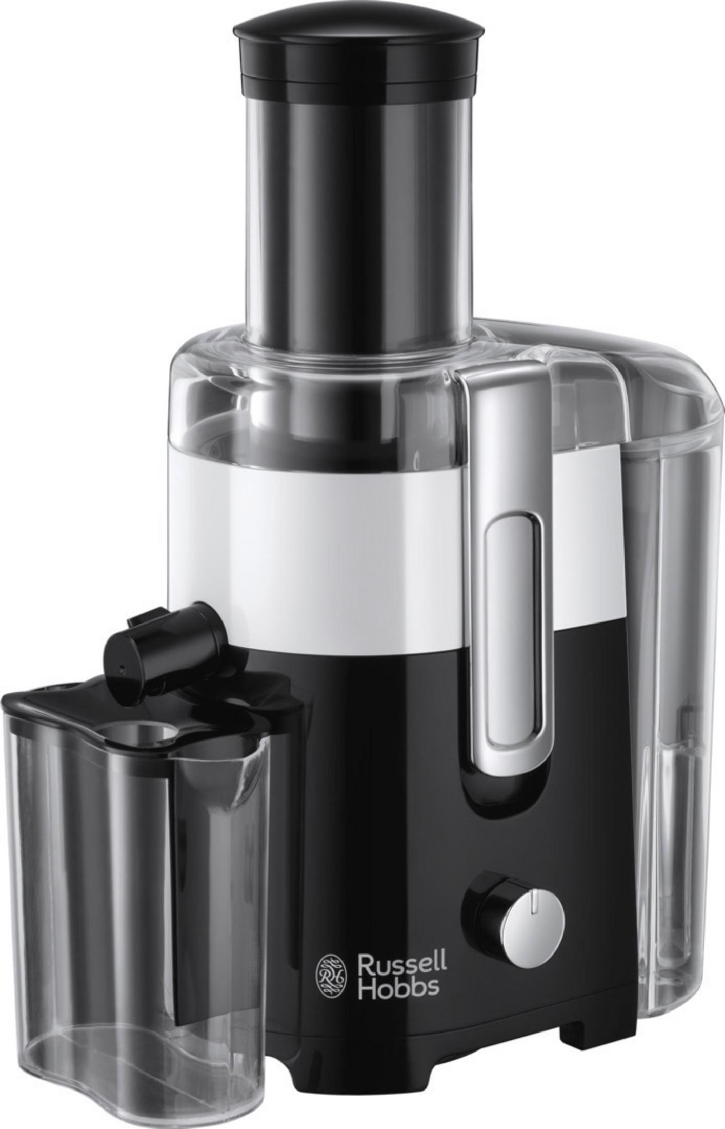 Şeffaf haznelere sahip siyah beyaz Russell Hobbs narenciye sıkacağı.