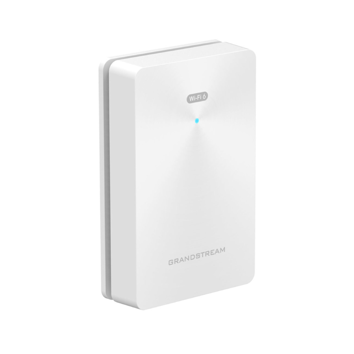 Un router Wi-Fi 6 Grandstream bianco con luce blu.