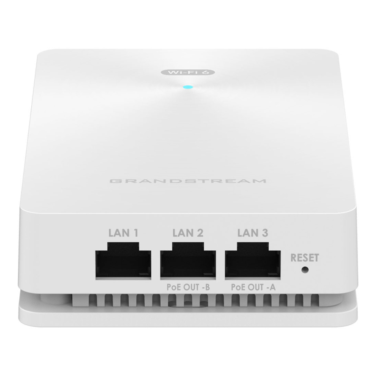 Un router Wi-Fi 6 Grandstream bianco con tre porte LAN e PoE Out.
