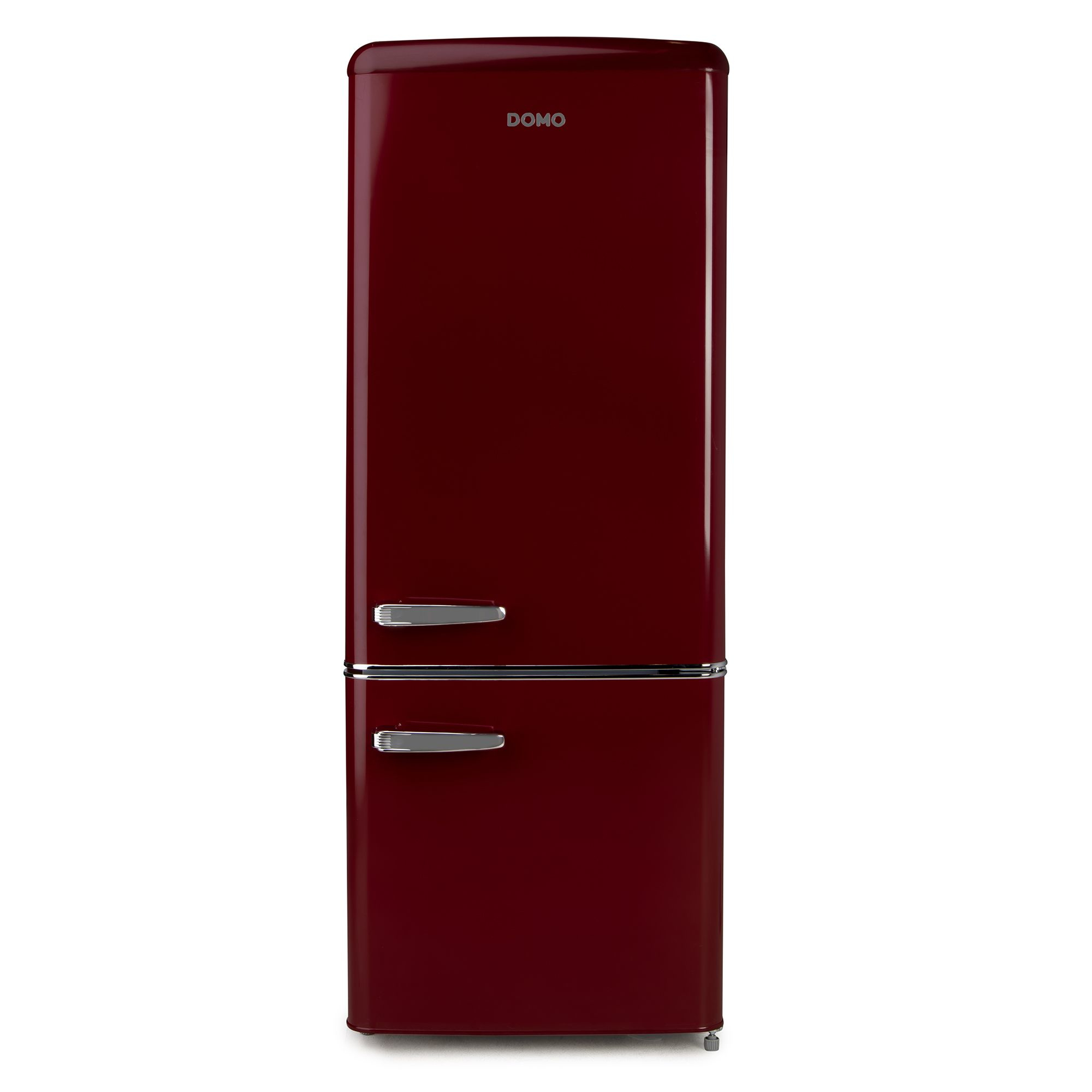Un frigorifero rosso bordeaux con maniglie cromate e logo Domo.