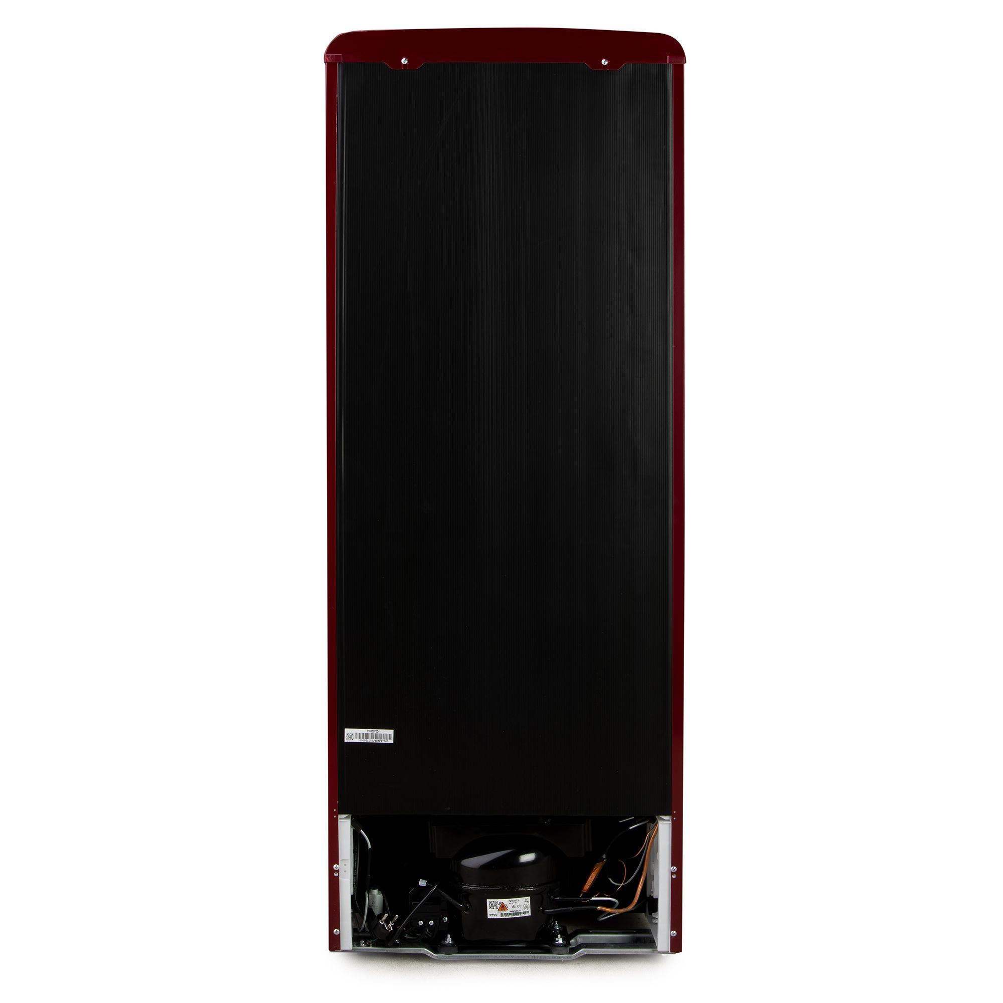 Vista posteriore di un frigorifero rosso con griglia di ventilazione nera e compressore.