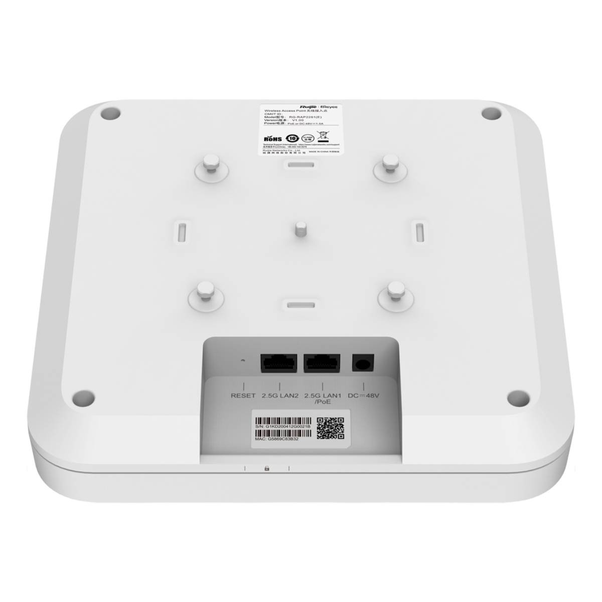 Retro di un access point wireless bianco con porte ed etichette.