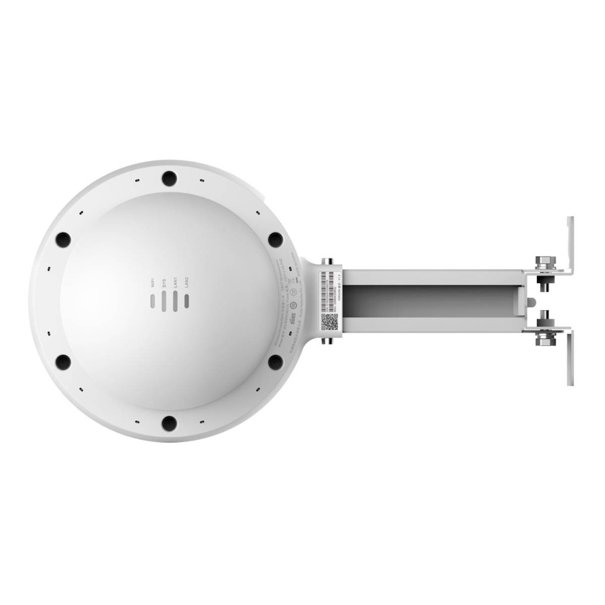 AP WiFi rotondo bianco con staffa di montaggio e indicatori.