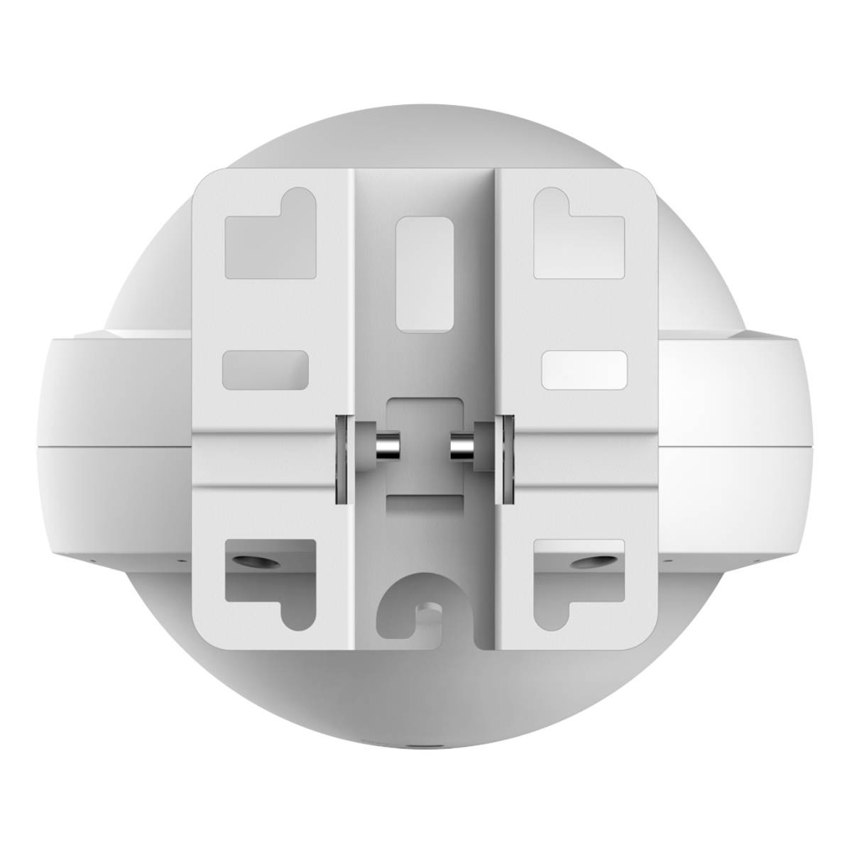 Un dispositivo rotondo bianco con staffa bianca e due perni argentati.