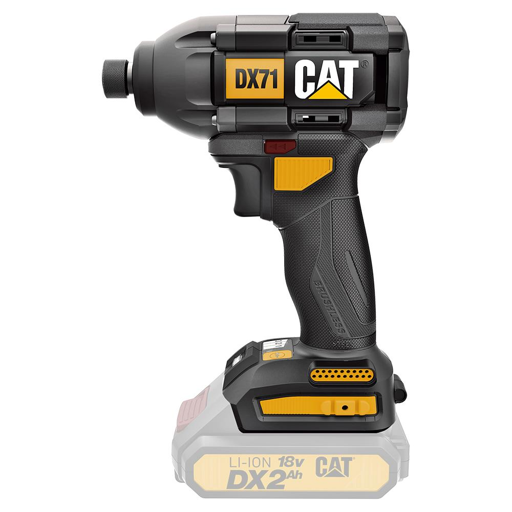 Sarı aksanlı siyah CAT DX71 akülü darbeli vidalama ve 18V pil.