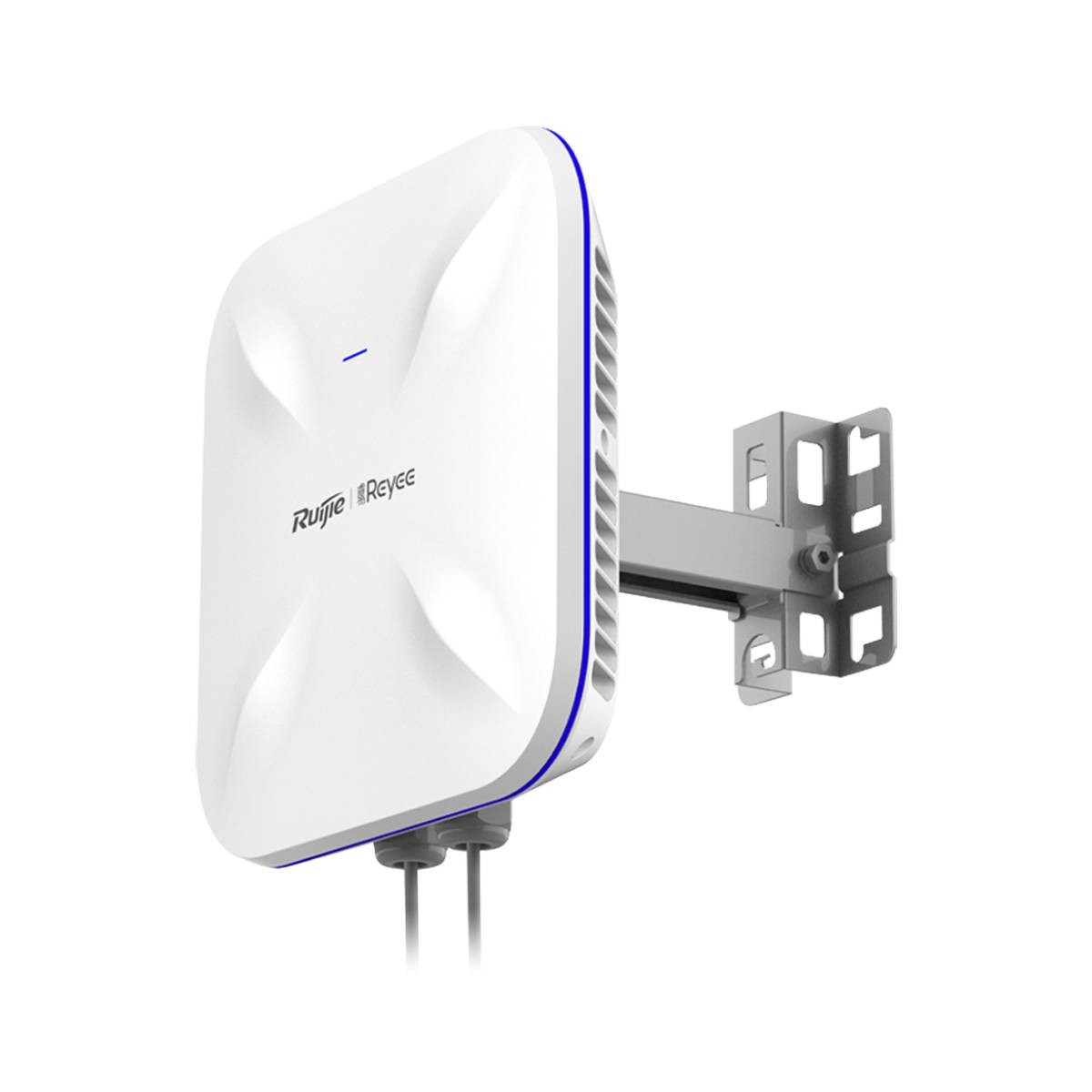 Un punto di accesso Wi-Fi bianco con accenti blu, montato su una staffa a muro.
