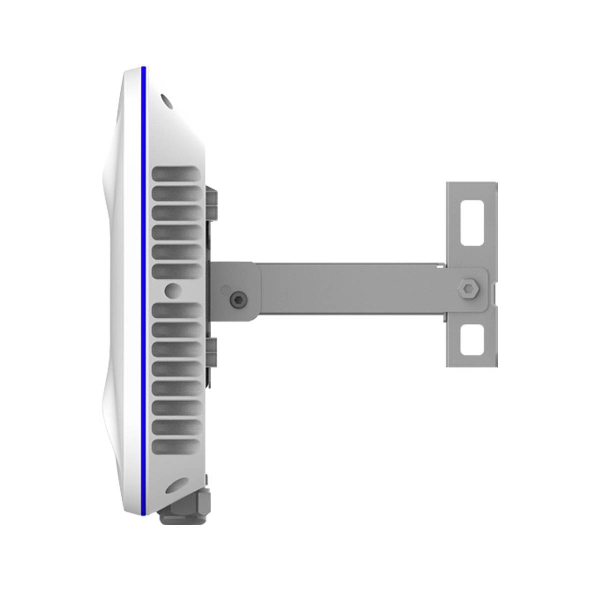 Dispositivo bianco con finiture blu montato su staffa grigia su sfondo bianco.