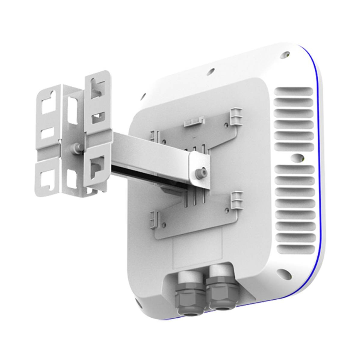 Un dispositivo bianco con staffa, pressacavi e fessure di ventilazione.