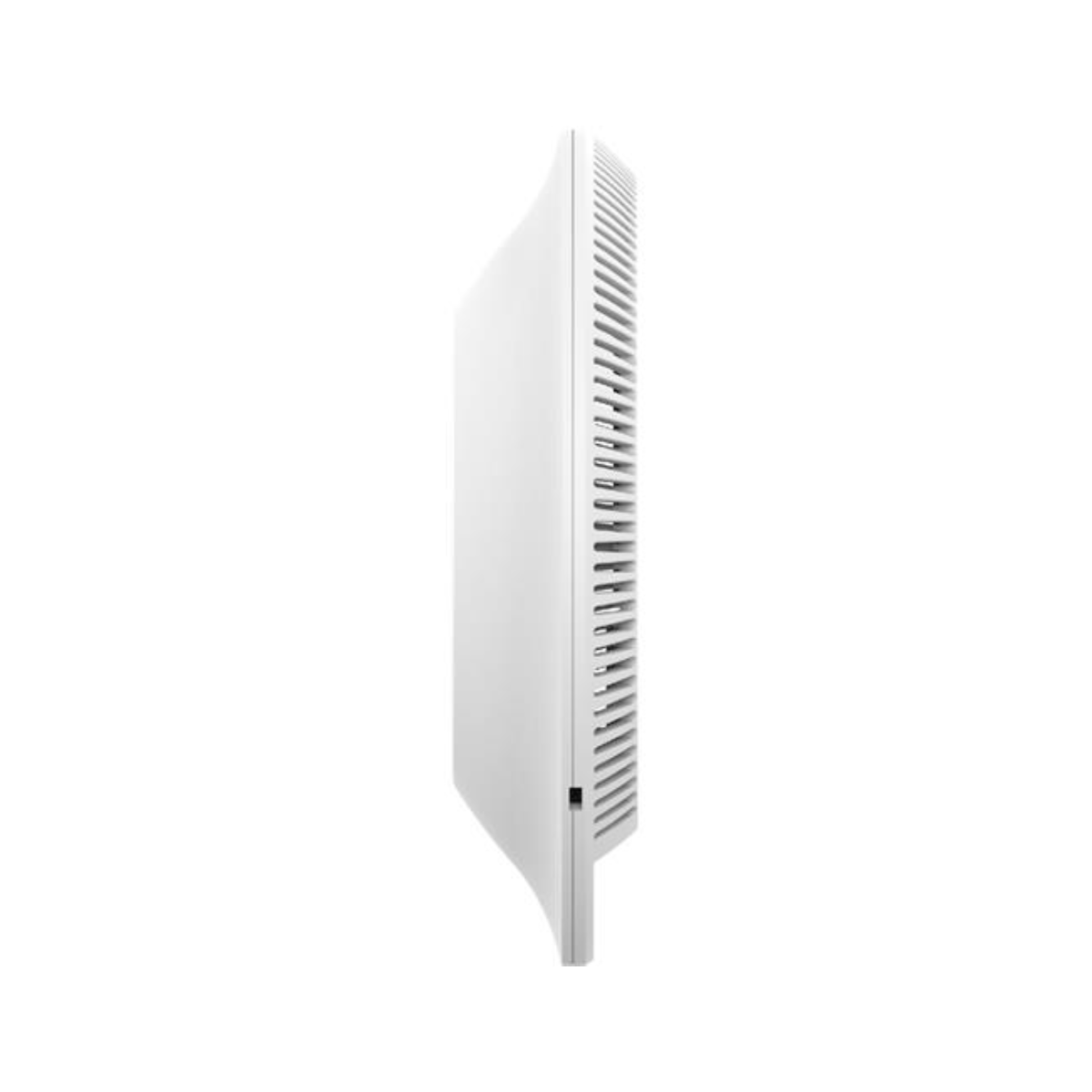 Un dispositivo bianco e sottile con fessure di ventilazione di profilo.