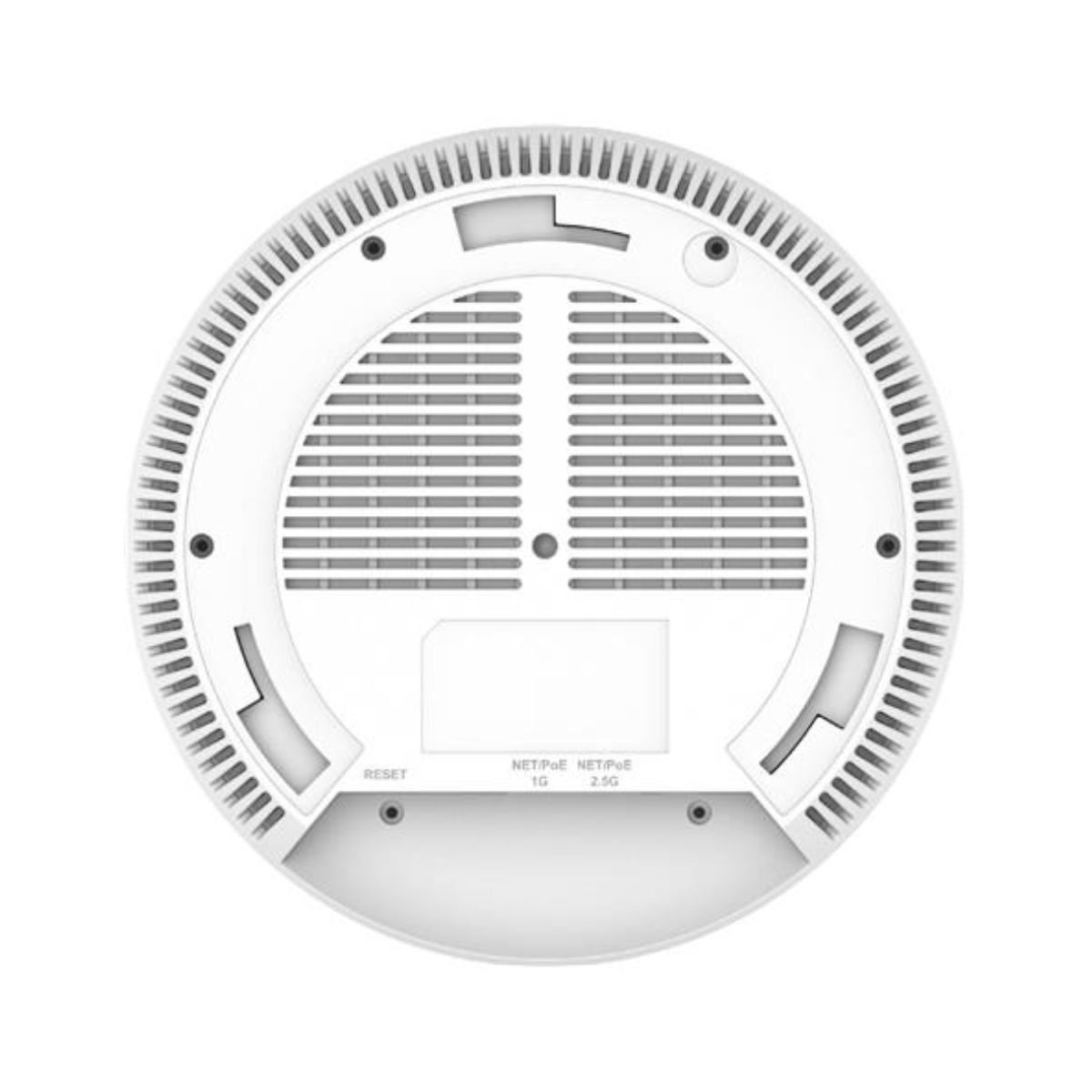 Parte inferiore di un dispositivo bianco e rotondo con prese d'aria e porte.