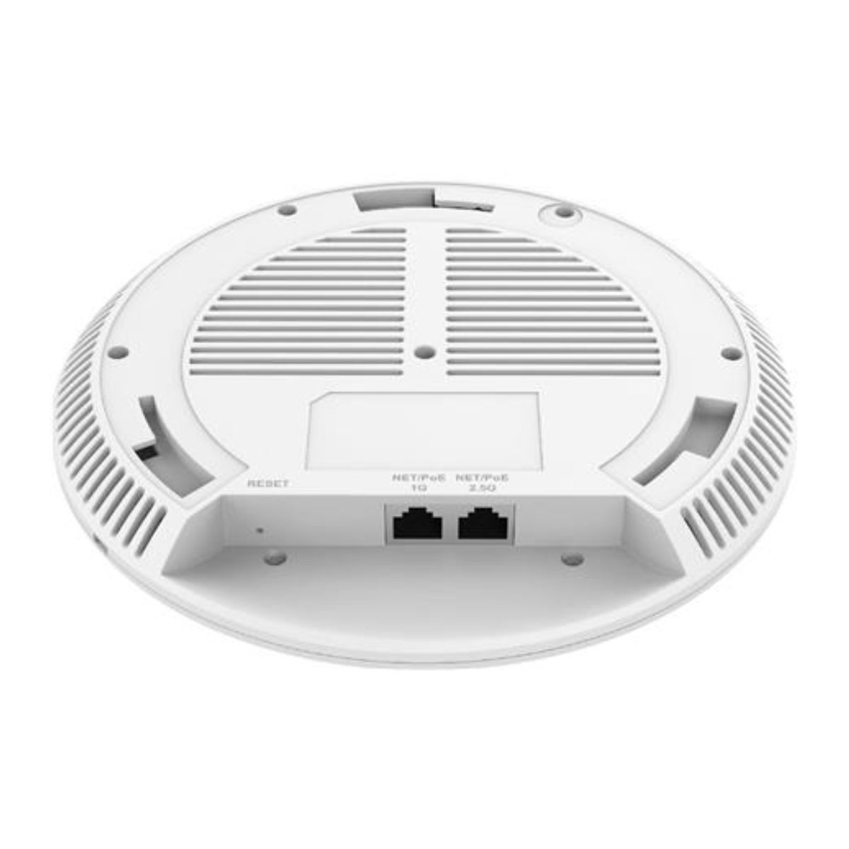 Parte inferiore di un access point bianco con due porte Ethernet e pulsante di reset.