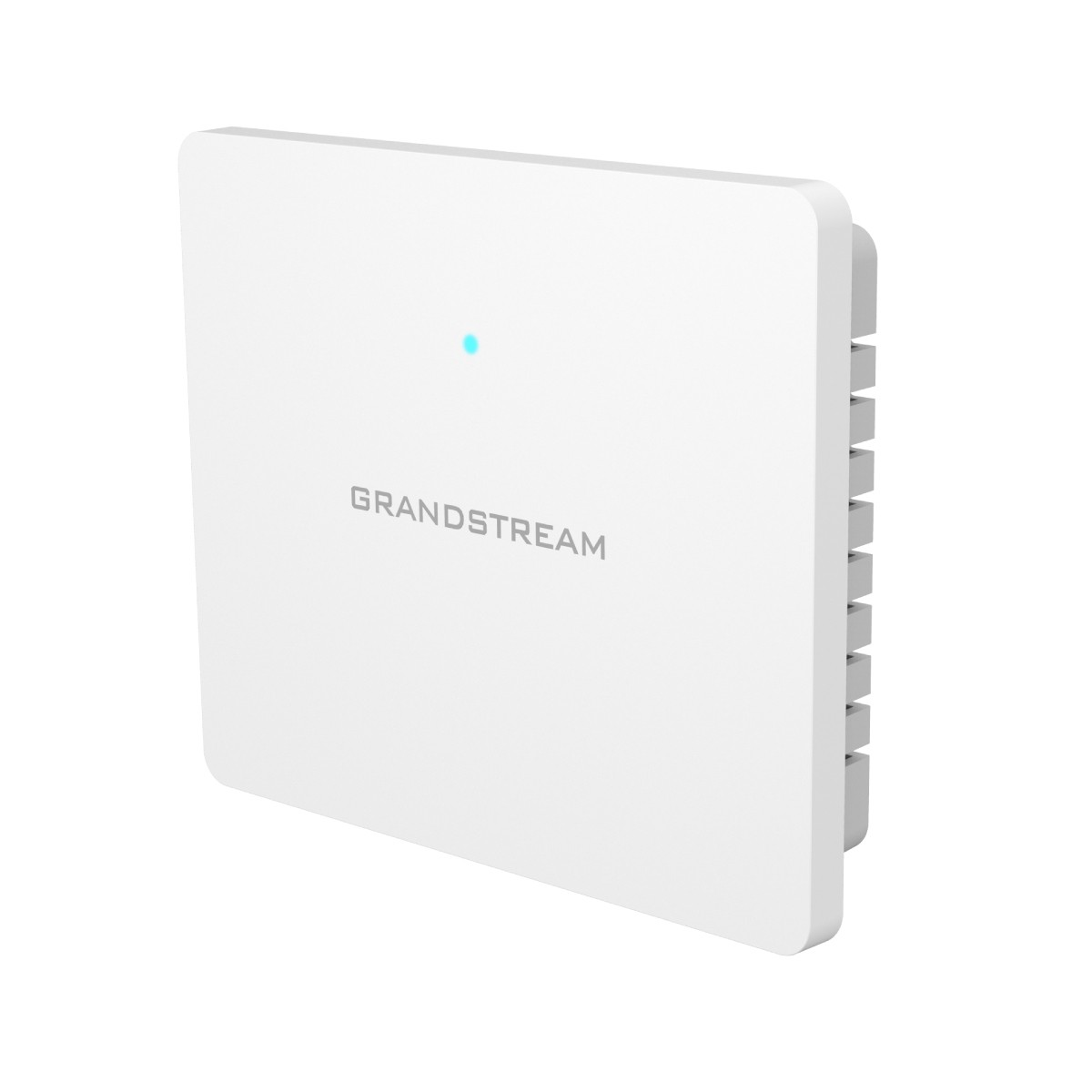 Un dispositivo Grandstream bianco con luce blu e alette di ventilazione.