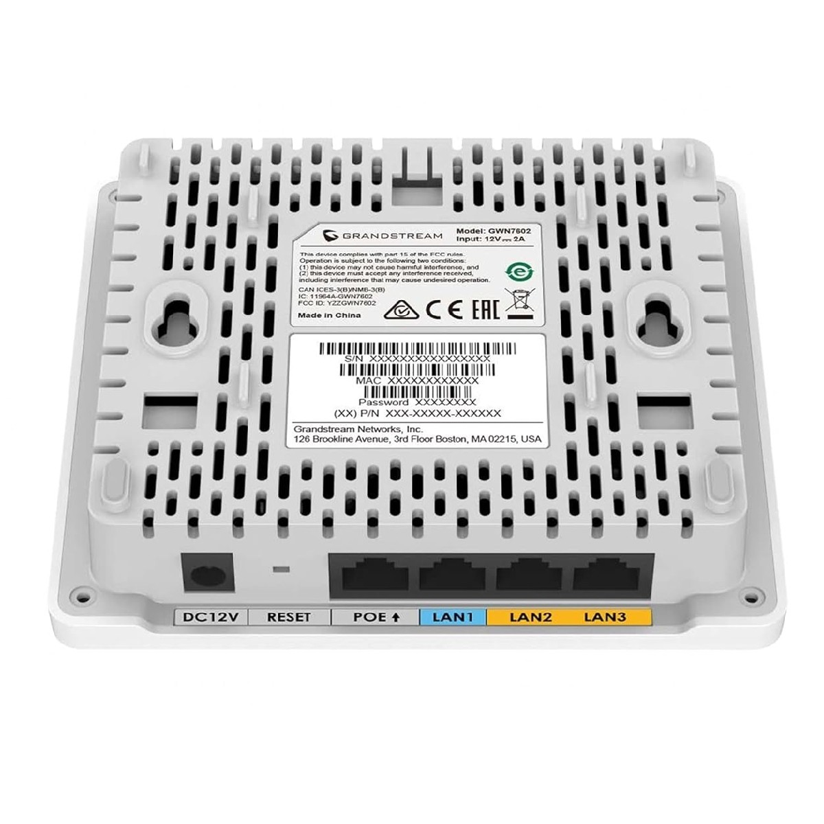 Retro di un router Grandstream con porte: DC12V, Reset, POE, LAN1, LAN2, LAN3.
